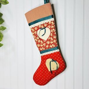 Vintage Kurt S. Adler Handcrafted Stocking Red Green Ribbon Lace Heart Ornament